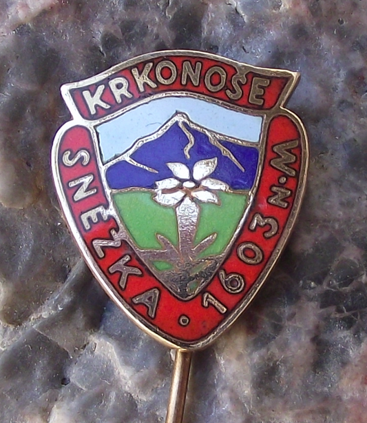 Vintage Sněžka Mountain Peak 1603m Krkonose Blue Flower Shield Pin Badge