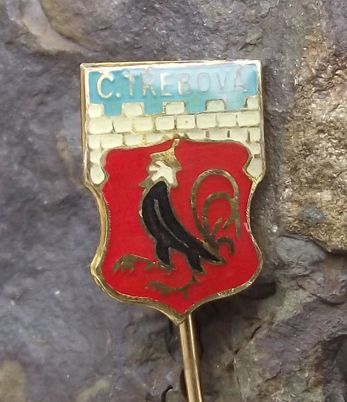 Vintage Česká Třebová Coat of Arms Rooster with Human Head Crest Pin Badge