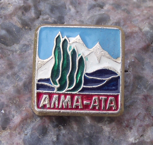 Vintage Kazakhstan Almaty Altai Mountain Peaks Range Pine Trees Pin Badge