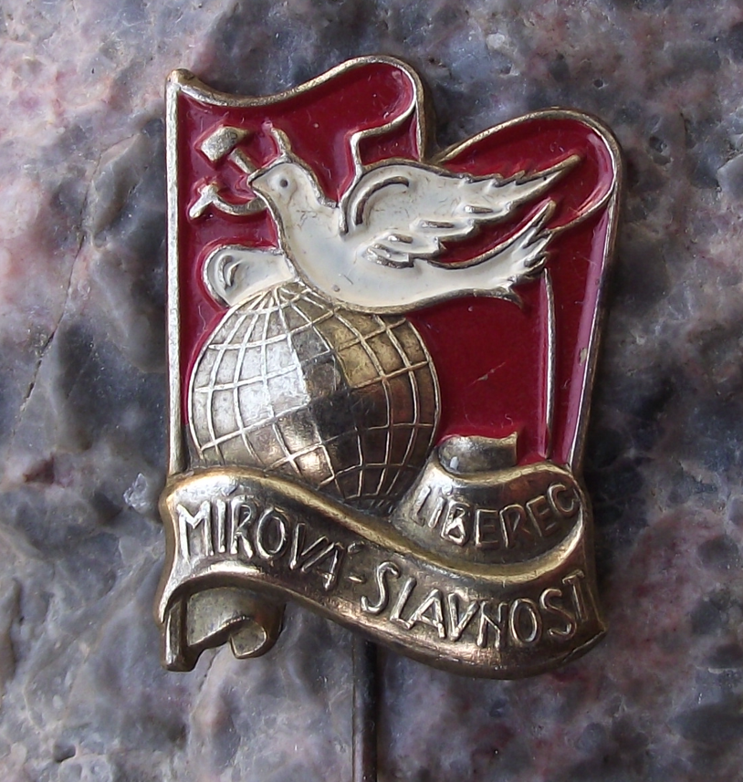 Vintage Liberec Czechoslovakia Peace Celebration Dove Russian Flag Pin Badge