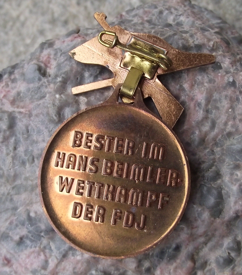 Vintage Hans Beimler Medal FDJ Best in Camp Award Crossed Rifles Pin Badge