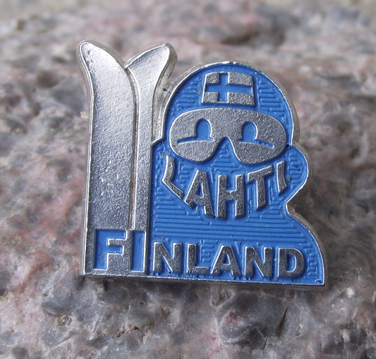 Vintage Lahti Finland Skiing Resort Ski Goggles Man and Flag Pin Badge