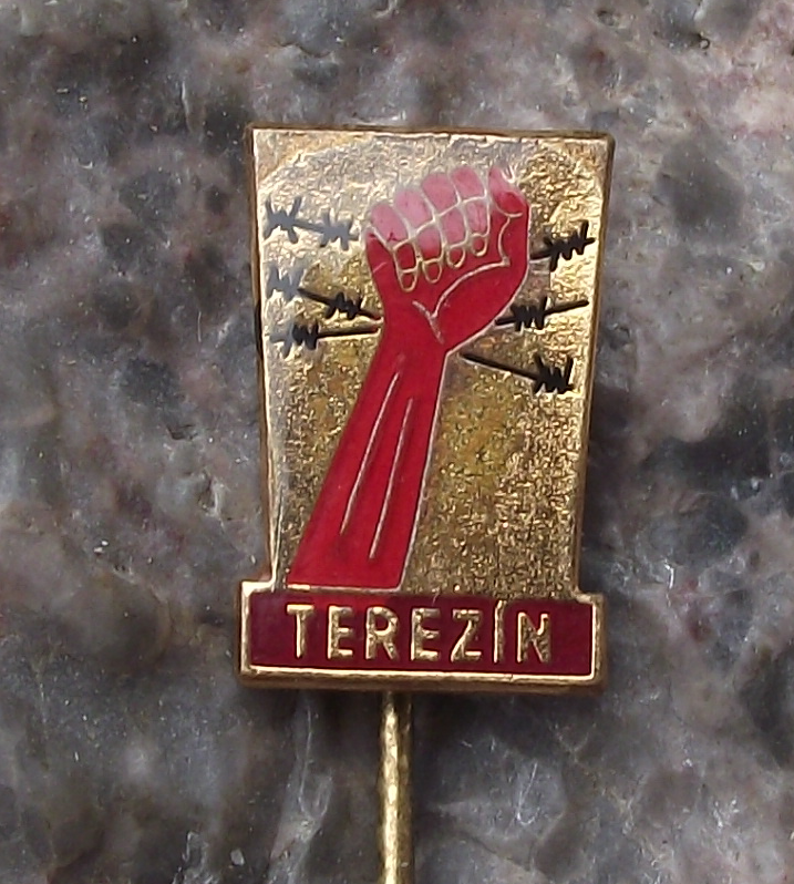 Vintage Terezin Nazi Concentration Camp Fist over Barbed Wire Pin Badge