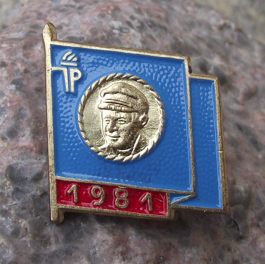 1981 Ernst Thalmann Pioneer GDR DDR East German Youth Blue Flag Pin Badge