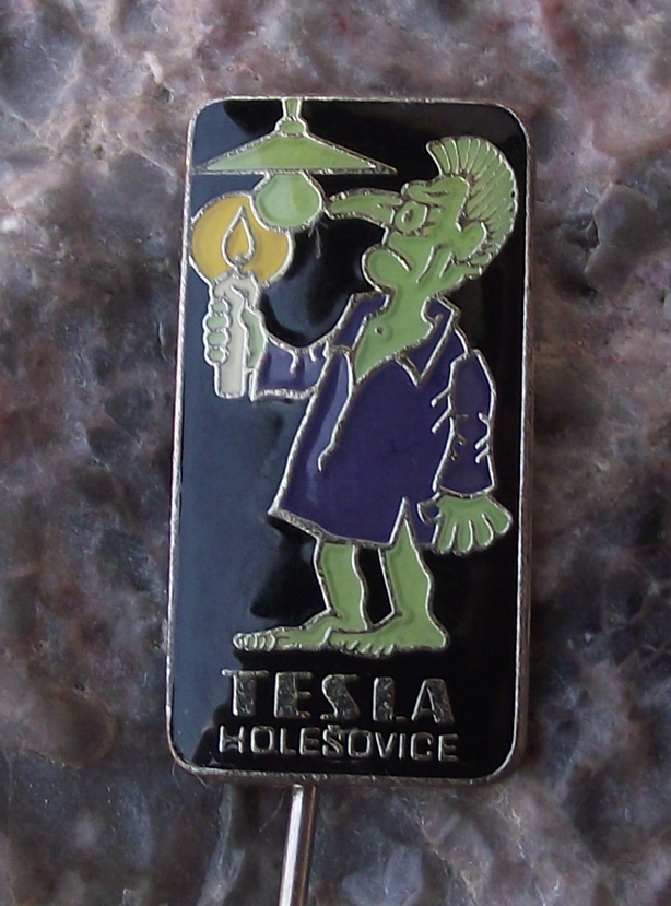 Vintage Tesla Holesovice Unhappy Man with no Electric Lightbulb Candle Pin Badge