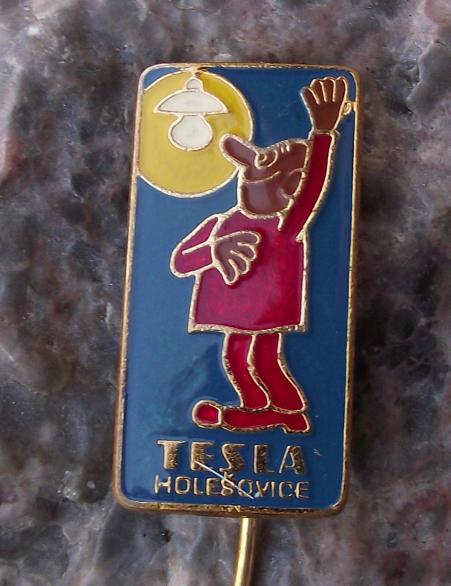 Vintage Tesla Holesovice Happy Man with Working Electric Lightbulb Pin Badge