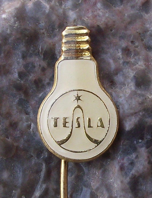 Vintage Tesla White Incandescent Filament Light Bulb Advertising Pin Badge