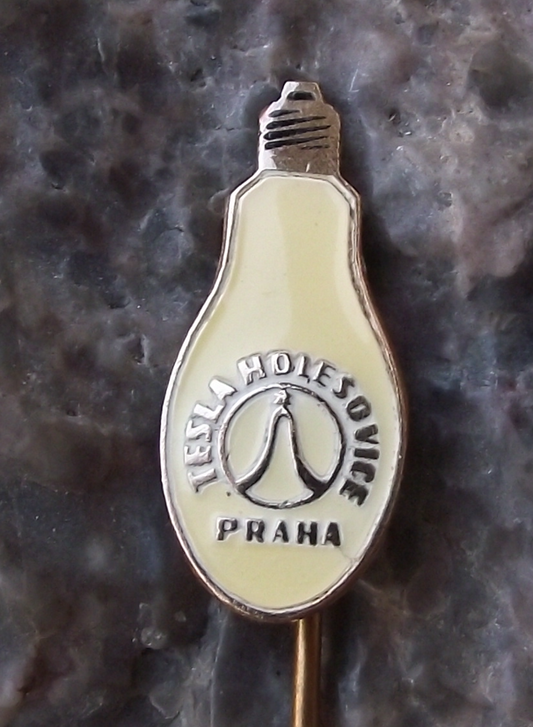 Vintage Tesla Prague Sine Wave Logo Holesovice Shaped Light Bulb Motif Pin Badge