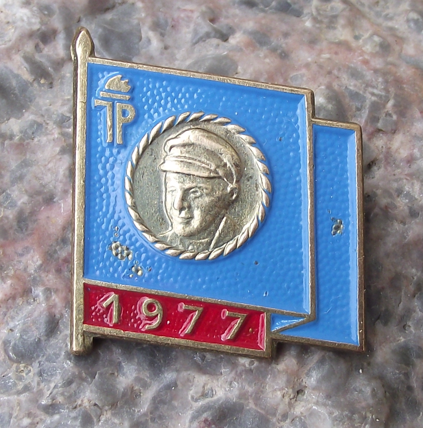 1977 Ernst Thalmann Pioneer GDR DDR East German Youth Blue Flag Pin Badge