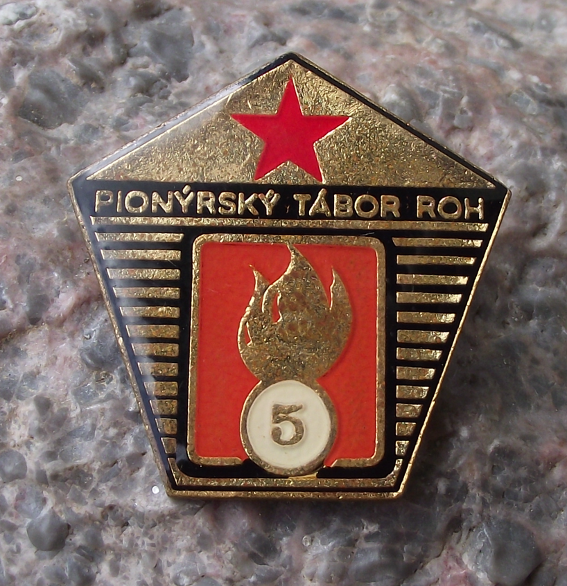 Vintage Czech Pioneer Pionyr Camp Level Flaming Number 5 ROH Pin Badge