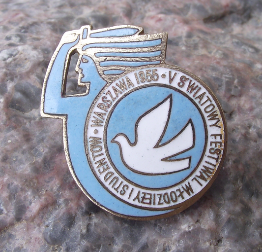 Vintage 1955 Warsaw World Festival Youth Pin Badge Polish Peace Dove Mermaid