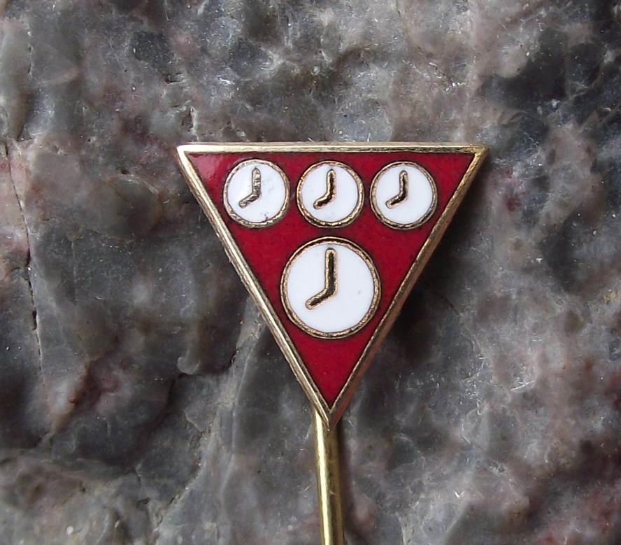 Vintage Pragotron Time Measuring Timekeeping Systems Clock Logo Pin Badge