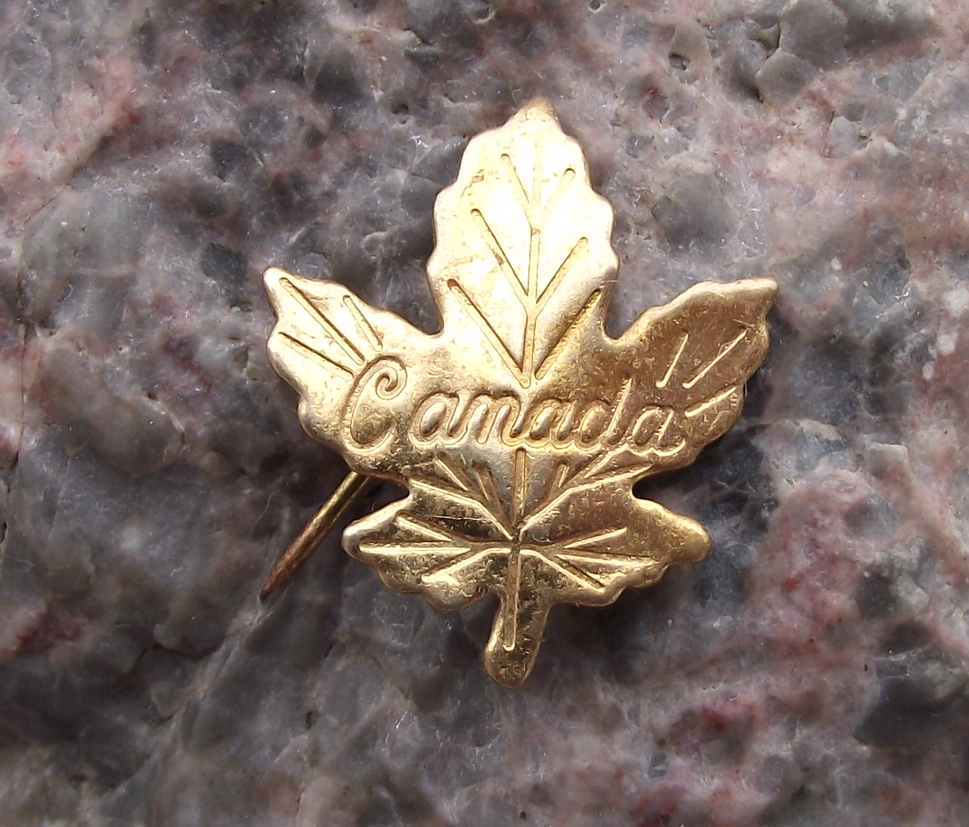 Vintage Golden Canada Text Textured Maple Leaf Canadian Pin Badge