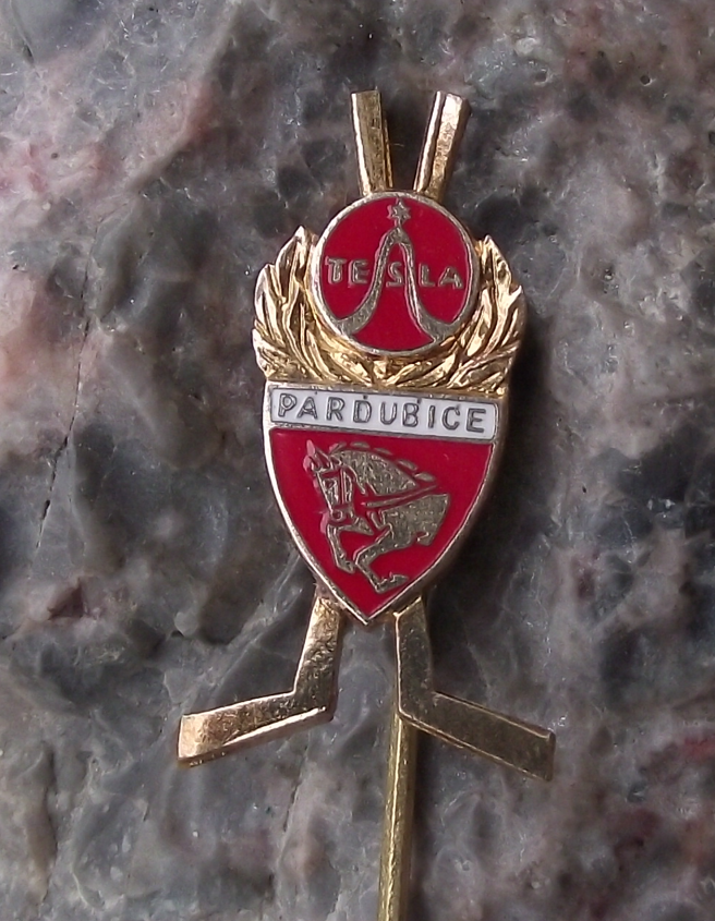 Antique Tesla Pardubice Ice Hockey Czech Team Crossed Sticks Logo Pin Badge