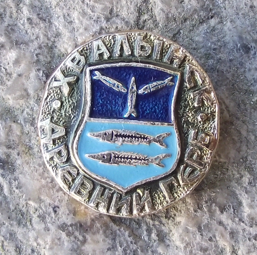 Vintage Khvalynsk Russia Soviet Union Coat of Arms Sturgeon Fish Pin Badge