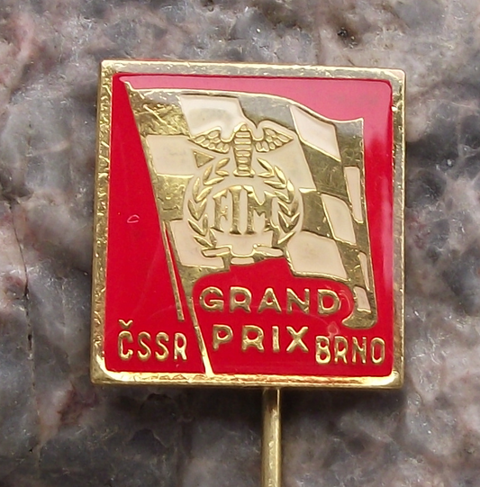 Vintage FIM Grand Prix Brno CSSR Chequered Flag Motorbike Racing Pin Badge