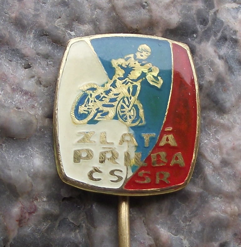 Vintage Czech Golden Helmet Motorbike Speedway Race Circuit Meeting Pin Badge