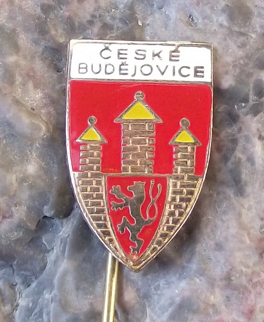 Ceske Budejovice Rampant Lion Castle Czech Heraldic Crest Souvenir Pin Badge