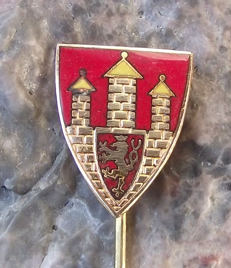 Vintage Ceske Budejovice Rampant Lion Castle Heraldic Crest Souvenir Pin Badge