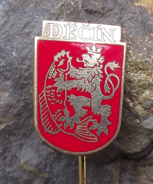 Vintage Děčín Czech Heraldic Crest Official Coat of Arms Pin Badge