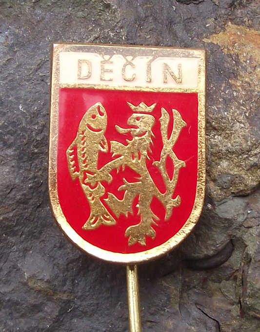 Vintage Děčín Czech Heraldic Crest Official Coat of Arms Lion Pin Badge