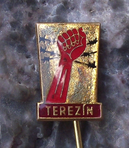 Vintage Terezin Nazi Concentration Camp Fist over Barbed Wire Pin Badge