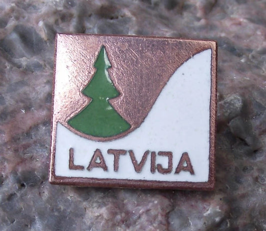Vintage Latvia Latvija White Snowy Hill Green Fir Tree Tourist Souvenir Pin Badge