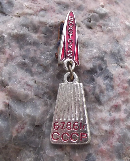 1961 Vostok 2  Soviet Union Space Mission Red Russian Rocket Pendant Pin Badge