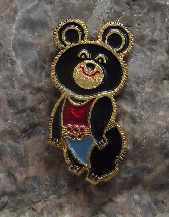 1980 Moscow Olympic Games Bear Mascot Misha Red Blue Leotard Pin Badge
