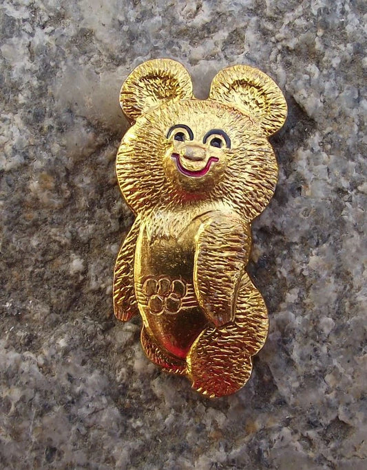 1980 Moscow Olympic Games Crazy Looking Gold Bear Mascot Misha Pin Badge