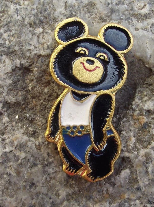 1980 Moscow Olympic Games Bear Mascot Misha Blue White Pin Badge
