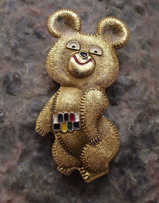 1980 Moscow Olympic Games Large Gold Teddy Bear Mascot Misha Pin Badge