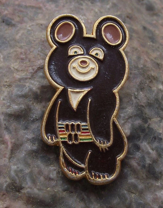 1980 Moscow Olympic Games Brown Teddy Bear Mascot Coloured Belt Pin Badge
