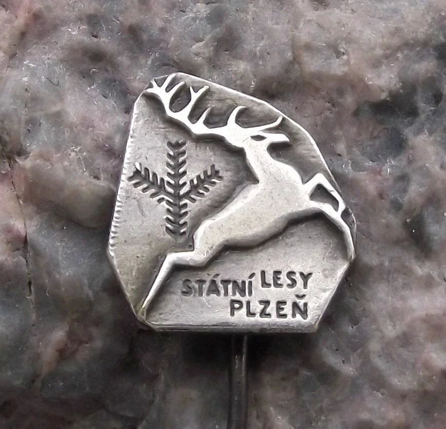 Vintage Czech Hunting and State Forestry Plzen Leaping Deer Stag Pin Badge