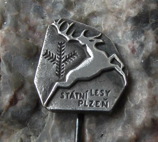 Vintage Czech Hunting and State Forestry Plzen Leaping Deer Stag Pin Badge