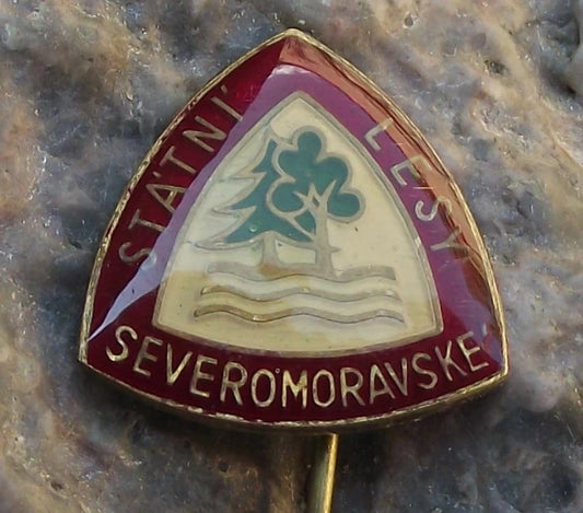 Vintage Czechoslovakia State Forestry Moravia Trees Logo Forest Pin Badge