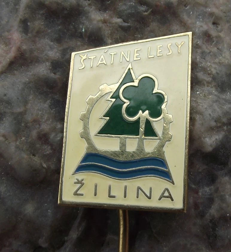 Vintage Czech State Forestry Zilina Wood Saw Trees Forest Logo Pin Badge