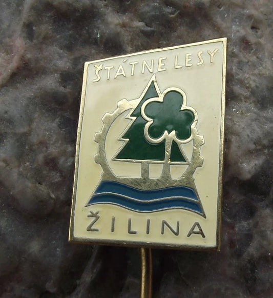 Vintage Czech State Forestry Zilina Wood Saw Trees Forest Logo Pin Badge