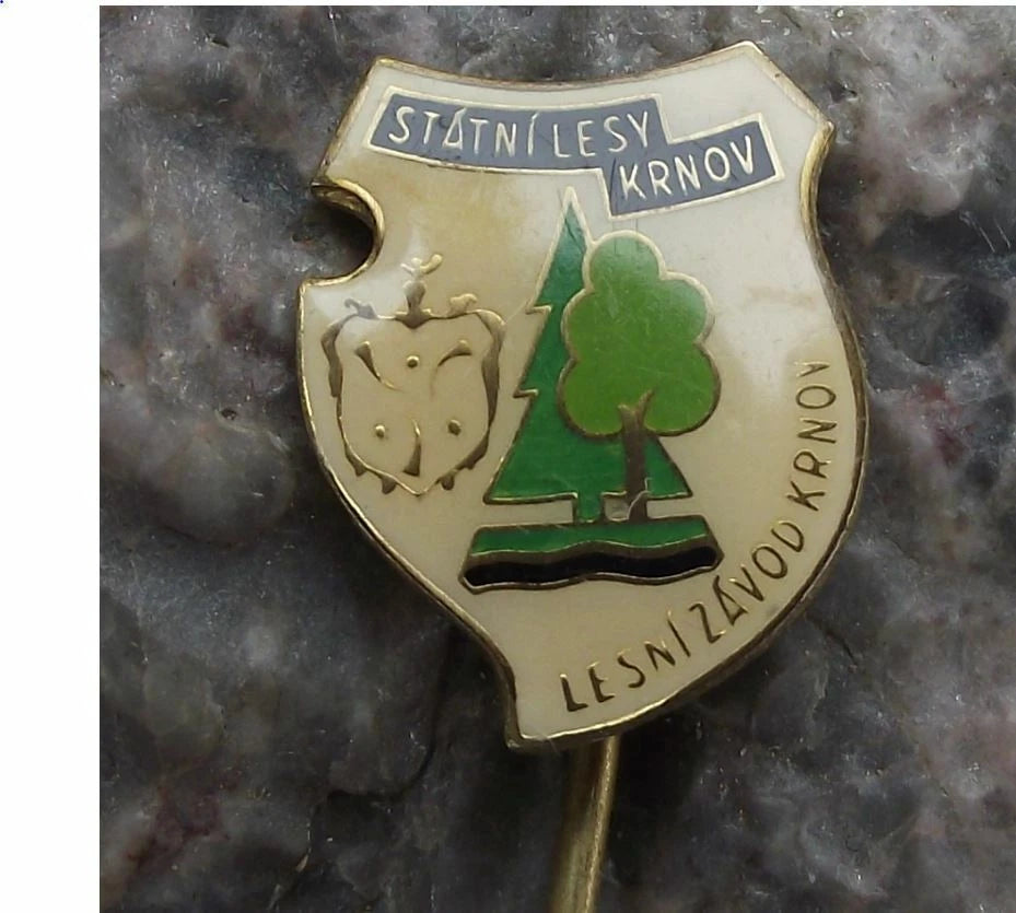 Vintage Czech State Forestry Krnov Wood River Trees Forest Pin Badge