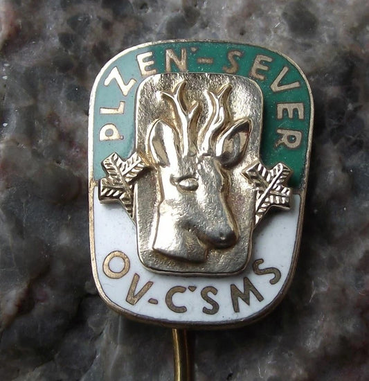 Vintage Plzen CMS Czech Hunting Association Deer Stag Head Hunters Pin Badge