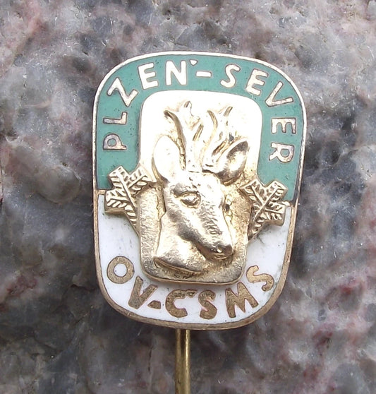 Vintage Plzen CMS Czech Hunting Association Deer Stag Head Hunters Pin Badge