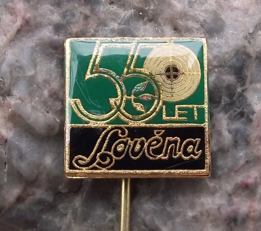 1975 Lovena Czech Shotgun Weapons Rifle Maker Target Logo Anniversary Pin Badge