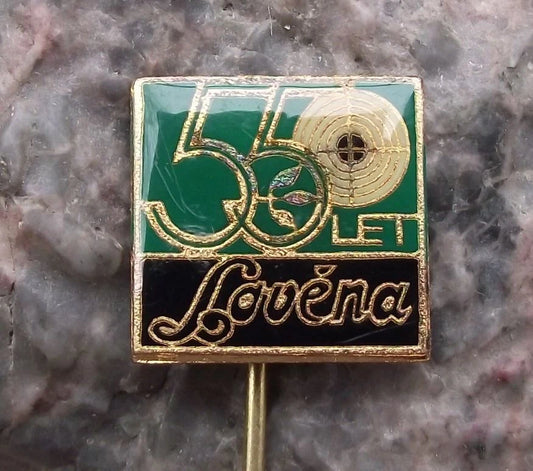 1975 Lovena Czech Shotgun Weapons Rifle Maker Target Logo Anniversary Pin Badge