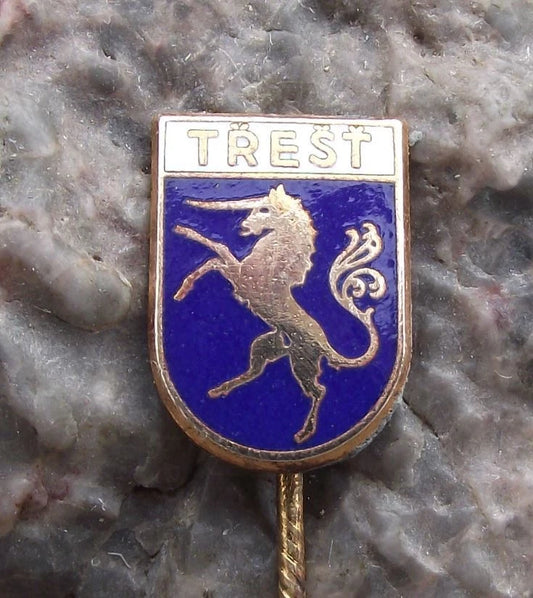 Vintage Trest Třešť Czechoslovakia City Unicorn Coat of Arms Pin Badge