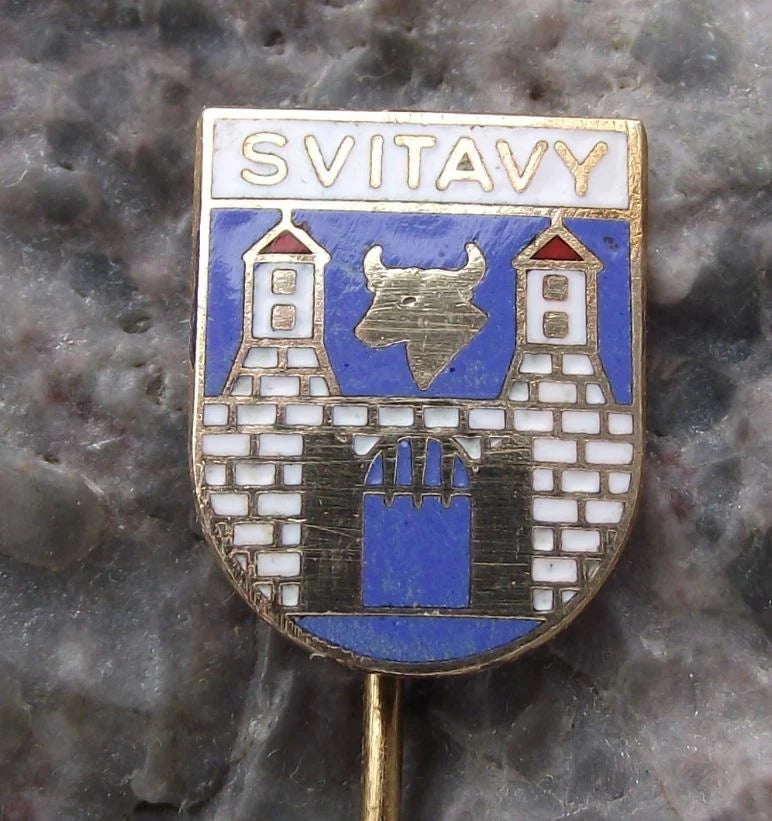 Vintage Svitavy Town Coat of Arms Bull Head Castle Wall Heraldic Crest Pin Badge