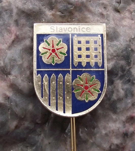 Vintage Slavonice Coat of Arms Heraldic Crest Portcullis Pin Badge