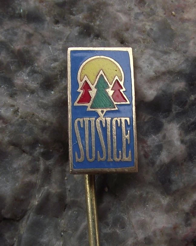 Vintage Susice Sušice Plzen Sunrise Pine Trees Tourist Souvenir Pin Badge