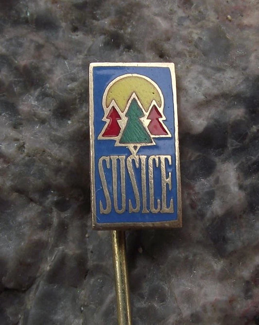 Vintage Susice Sušice Plzen Sunrise Pine Trees Tourist Souvenir Pin Badge