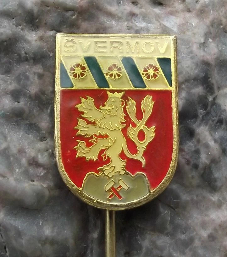 Vintage Švermov Czechoslovakia Official Town Crest Heraldic Coat Arms Pin Badge