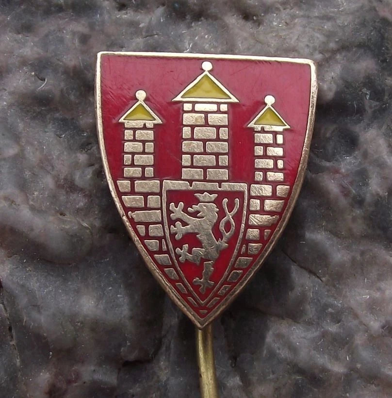 Vintage Ceske Budejovice Rampant Lion Castle Heraldic Crest Souvenir Pin Badge